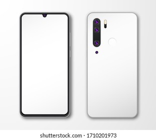 Realistic smartphone mock up set. Mobile phone display isolated on white gray background. 3D template illustration. Vector illustration.