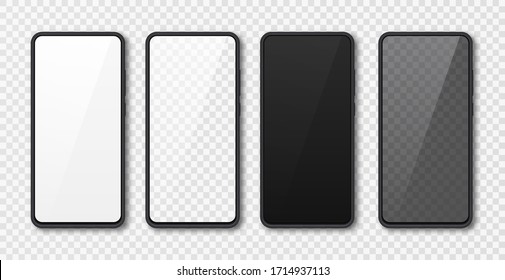 Realistic smartphone mock up set. Mobile phone display isolated on white gray background. 3D template illustration. Vector illustration.