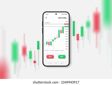 Realistic smartphone mockup. 3d candlestick chart of stock sale and buy. Market investment, online trade on mobile phone. Vector transparent shadow, blur effect. Business application interface design.