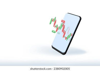 Realistic smartphone mockup. 3d candlestick chart of stock sale and buy.