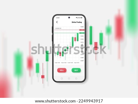 Realistic smartphone mockup. 3d candlestick chart of stock sale and buy. Market investment, online trade on mobile phone. Vector transparent shadow, blur effect. Business application interface design. Сток-фото © 