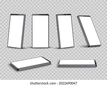 Realistic smartphone mockup. 3d mobile phone mockup, different sides and camera angles, metal case device, cellphone template. Vector set