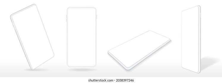 Realistic smartphone mockup, 3d mobile phone, device screen. Minimalist white smartphones devices with blank screens in perspective vector set. Isolated gadget from different angles