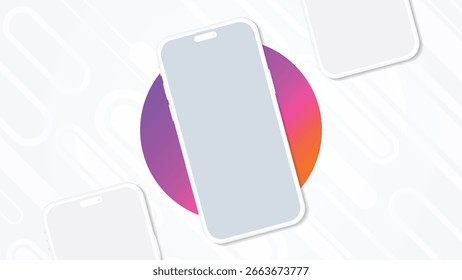 Maqueta realista de teléfono inteligente: vista frontal de teléfono móvil 3D con fondo de círculo degradado para presentación de App de interfaz de usuario o UX, Anuncio de Sitio web, cubierta, folleto, folleto y Diseño gráfico
