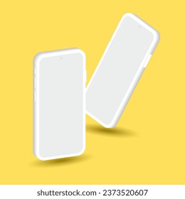 Broma de smartphones realista: una representación 3D de dos smartphones blancos flotantes con pantallas blancas, que se ciernen sobre un fondo amarillo. Vector.