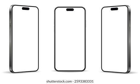 Realistic smartphone mockup from angled view. Mobile phone isolated on white background.