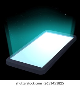 Realistic smartphone mockup with blank white glowing screen. Green lighting with particles. Futuristic app mockup. Abstract. Gadget, technology. Vector illustration. Isolated dark background.