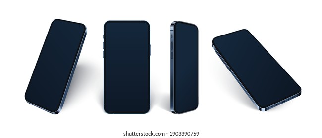 Realistic smartphone mockup, blue glass mobile set isolated on white background, different 3d smartphones with blank screen for showing ux app design, vector illustration.