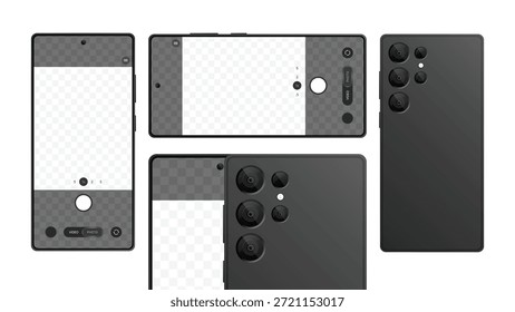 Modelo de Smartphone realista com câmera e interface de vídeo - frente, atrás e tela, modelo de interface de usuário do telefone celular, vetor de dispositivo Android moderno isolado no fundo transparente