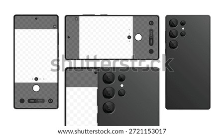 Realistic Smartphone Mockup with Camera and Video Interface – Front, Back and Screen Views, Mobile Phone UI Template, Modern Android Device Vector Isolated on Transparent Background