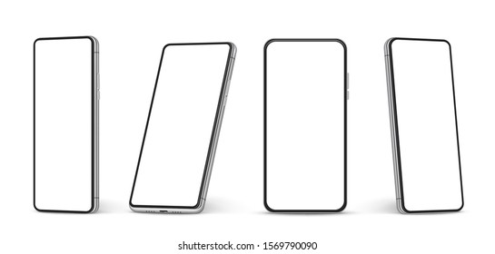 Realistic smartphone mockup. Cellphone with blank white screen, mobile phone in different angles of view Vector 3d isolated template