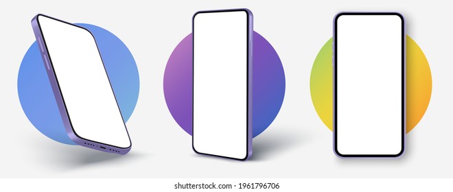 Realistic smartphone mockup. Cellphone with blank white screen, mobile phone in different angles of view. Device UI, UX mockup for presentation template. Vector mobile device concept