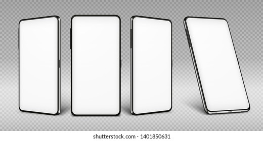 Реалистичный макет смартфона. Рамка мобильного телефона с пустым дисплеем, изолированные шаблоны, вид телефона под разными углами. Концепция мобильного устройства Vector