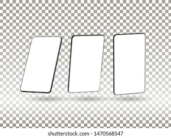 Realistic smartphone mockup. Cellphone frame with blank display isolated templates, phone different angles views. Vector mobile device concept