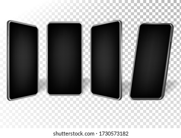 Realistic smartphone mockup. Cellphone frame with blank display isolated templates, phone different angles views. Vector