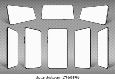 Realistic smartphone mockup. Cellphone frame with blank display isolated templates, phone different angles views. Vector