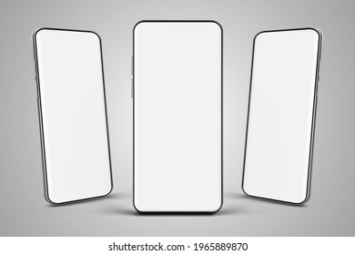 Realistic smartphone mockup. Cellphone frame with blank display isolated templates in different angles. Vector Illustration 