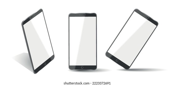 Realistic smartphone mockup. Cellphone frame with blank display isolated templates, phone different angles views. Vector mobile device concept