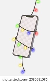 Realistic smartphone mockup with christmas colorful string lights wrapped around vector