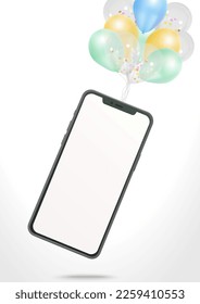 Realistic smartphone mockup with color balloons holding a phone in the air