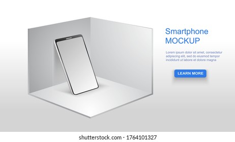 Realistic smartphone mockup in the corner of a white room, box, podium. 3d modern phone with blank screen for template. Vector illustration