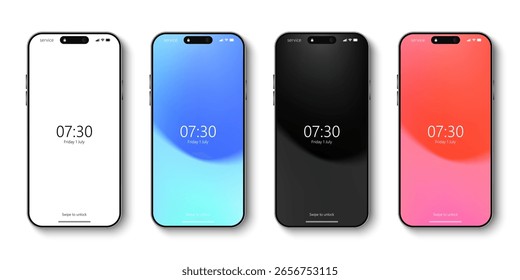 Realistisches Smartphone-Modell. Gerätevorderansicht. 3D-Mobiltelefon mit Schatten. Realistisches, hochwertiges Smartphone-Mockup für ui ux. Mobiltelefon einzeln auf weißem Hintergrund. Vektorgrafik
