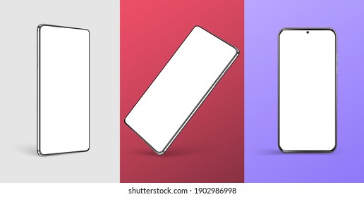 Realistic smartphone mockup. Device UI, UX mockup for presentation template. . Cellphone frame with blank display isolated templates, phone different angles views. Trendy design. Vector