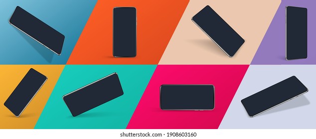 Realistic smartphone mockup. Device UI, UX mockup for presentation template. . Cellphone frame with blank display isolated templates, phone different angles views. 3d isometric illustration cell phone