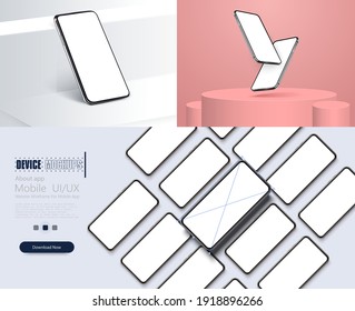 Realistic smartphone mockup. Device UI, UX mockup for presentation template. Podium and minimal white wall scene. ellphone frame with blank display isolated templates, phone different angles views. 3d
