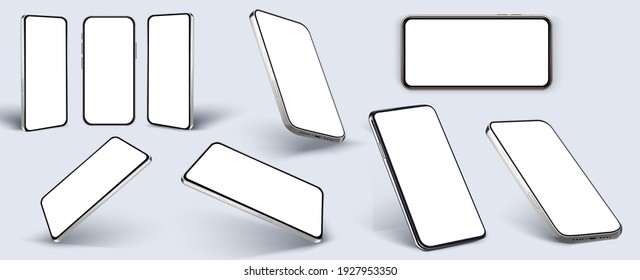 Realistic smartphone mockup. Device UI, UX, mockup for presentation template. Cellphone frame with blank display isolated templates, phone different angles views. 3d isometric illustration cell phone