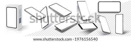 Realistic smartphone mockup. Device UI, UX, mockup for presentation template. Cellphone frame with blank display isolated templates, phone different angles views. 3d isometric illustration cell phone