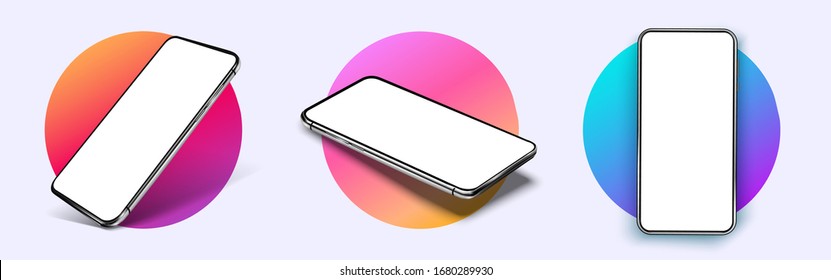 Realistic smartphone mockup. Device UI/UX mockup for presentation template. . Cellphone frame with blank display isolated templates, phone different angles views. 3d isometric illustration cell phone