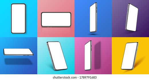 Realistic smartphone mockup  Device UI/UX mockup for presentation template    Cellphone frame and blank display isolated templates  phone different angles views  3d isometric illustration cell phone