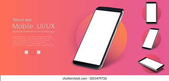 Realistic smartphone mockup. Device UI/UX mockup for presentation template. . Cellphone frame with blank display isolated templates, phone different angles views. 3d isometric illustration cell phone