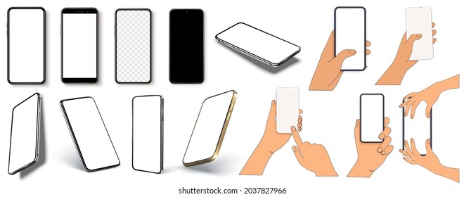 Realistic smartphone mockup. Device UI,UX mockup for presentation template. Collection of hands holding modern smartphone. phone different angles views. Vector mobile device concept