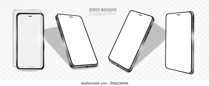 Realistic smartphone mockup from different angles. Device UI UX mockup template with protective glass. Presentation of a new generation smartphone. Vector illustration