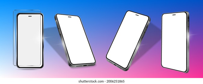 Realistic smartphone mockup from different angles. Device UI UX mockup template with protective glass. Presentation new smartphone