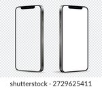 Realistic smartphone mockup. Front and side view with white and empty screen on transparent background.