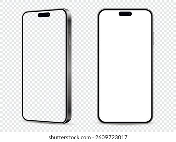 Realistic smartphone mockup. Front and side view with white and empty screen on transparent background.
