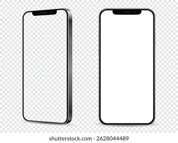 Maqueta realista de smartphone. Vista frontal y lateral con pantalla blanca y vacía sobre fondo transparente.