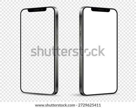 Realistic smartphone mockup. Front and side view with white and empty screen on transparent background.