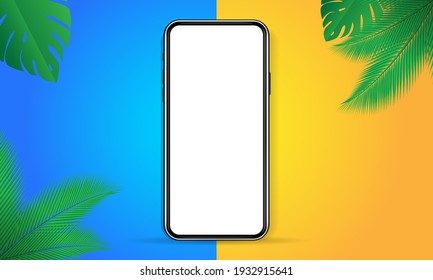 Realistic smartphone mockup with front view, Device UI UX mockup blank screen, Frame less smartphone, vector illustration for your visual app demonstration. 3d Podium, Isolated transparent background
