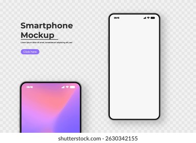 Maquete de smartphone realista na vista frontal. Dispositivo móvel 3D com sombra sobre fundo branco. Vetor de alta qualidade para UI UX design showcase.