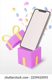 Realistic smartphone mockup with a gilft box and colorful confetti