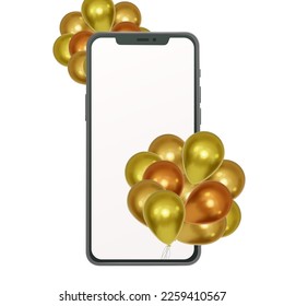 Realistic smartphone mockup with golden balloons arrangements