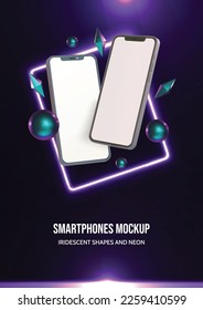 Realistic smartphone mockup with iridescent 3D shapes and glowing neon poster