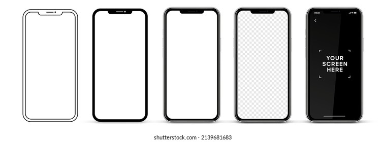 Realistic smartphone mockup isolated with transparent screens. Smart phone mockup collection. Device front view. 3D mobile phone with shadow on white background. Realistic, flat and line style