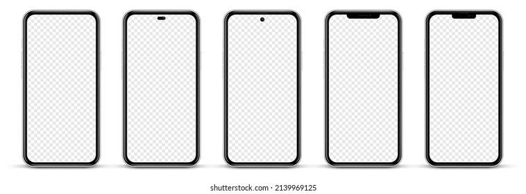 Realistic smartphone mockup isolated with transparent screens. Smart phone mockup collection. Device front view. 3D mobile phone with shadow on white background. Realistic, flat and line style