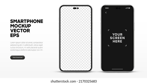 Realistic smartphone mockup isolated with transparent screens. Smart phone mockup collection. Device front view. 3D mobile phone with shadow on white background. Realistic, flat and line style