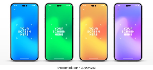 Realistic smartphone mockup isolated with transparent screens. Smart phone mockup collection. Device front view. 3D mobile phone with shadow on white background. Realistic, flat and line style